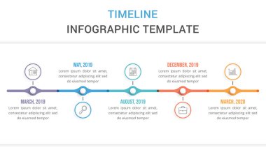 Beş elemente sahip yatay zaman çizelgesi şablonu, web, iş, sunumlar, iş akışı veya süreç şeması, vektör eps10 illüstrasyonu
