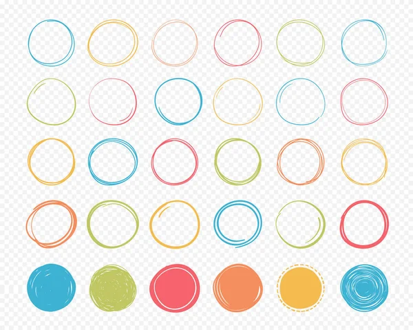 Set Van Gekleurde Handgetekende Cirkels Transparante Achtergrond Doodle Stijl Vector — Stockvector