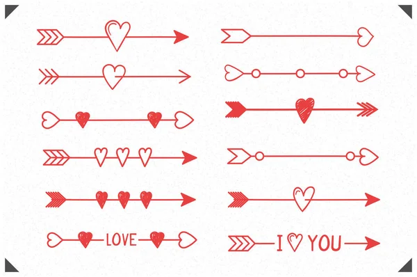 Flechas Rojas Dibujadas Mano Con Corazones Elementos Diseño Para Día — Vector de stock
