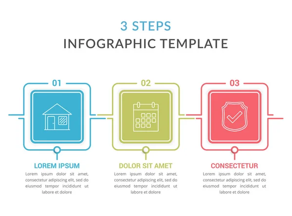 Infographic Template Three Squares Text Line Icons Process Diagram Workflow — ストックベクタ