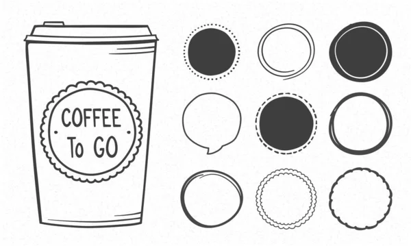 Handgezeichnete Kaffeetasse Zum Mitnehmen Und Ein Satz Kritzelkreise Vektor Eps10 — Stockvektor
