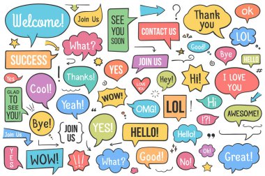 Collection of hand drawn speech bubbles with different phrases, arrows and other design elements, vector eps10 illustration clipart
