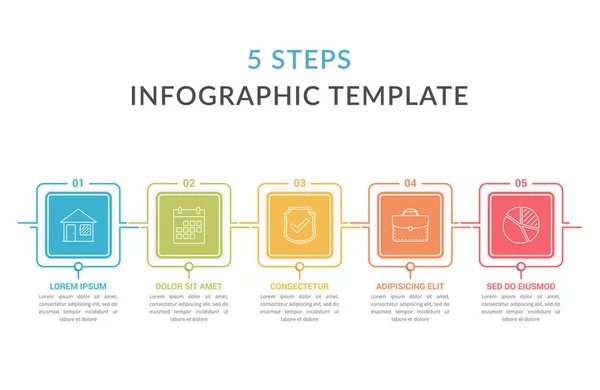 Infographic Template Five Squares Text Line Icons Process Diagram Workflow — Stock vektor