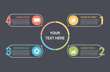 Çember diyagramı 4 öge, adım veya seçenek, işlem şeması, bilgi şablonu, vektör eps10 illüstrasyon