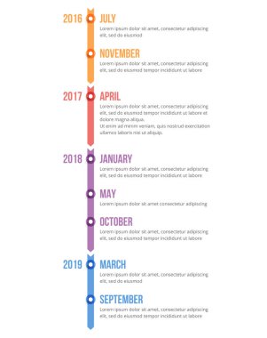 Okları, iş akışını, işlem şemasını, vektör eps10 illüstrasyonunu içeren dikey zaman çizgisi bilgi şablonu