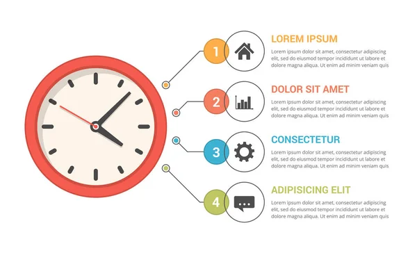 Modèle Infographie Avec Horloge Quatre Éléments Avec Icônes Nombres Texte — Image vectorielle