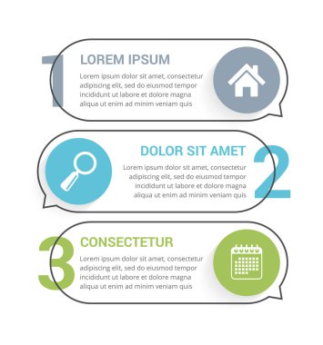 Sayılar, simgeler ve metin, iş akışı, işlem şeması, adımlar veya seçenekler için üç bilgi ögesi, vektör eps10 illüstrasyonu