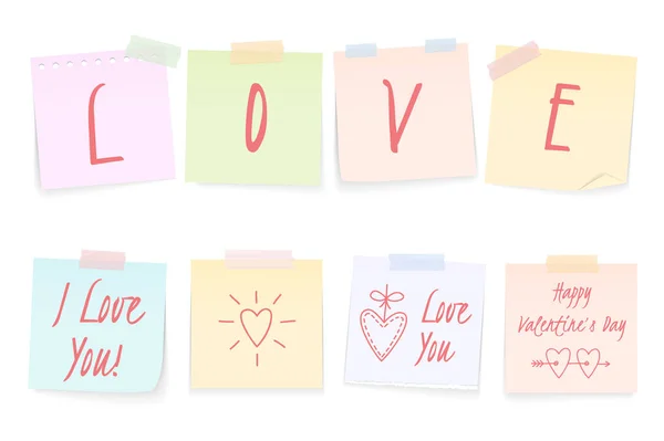 Paper Notes Love Words Valentine Day Congratulation Vector Eps10 Illustration — стоковый вектор
