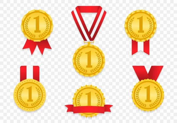 Sada Různých Zlatých Medailí Červenými Stuhami Vektorové Eps10 Ilustrace — Stockový vektor