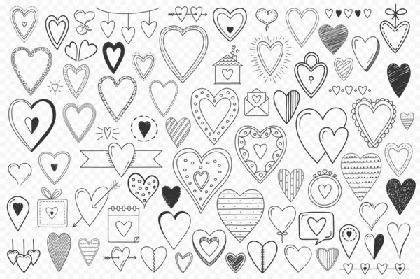 情人节设计 邀请函 矢量书信等用的一套70多个手绘涂鸦心形物品 — 图库矢量图片