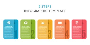 Metin, iş akışı, işlem şeması, adımlar veya seçenekler için beş bilgi simgesi ve yer, vektör eps10 illüstrasyonu