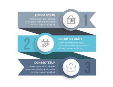 İkonları ve metni olan üç elementi, üç adımı veya seçeneği olan bilgi şablonu, vektör eps10 illüstrasyonu