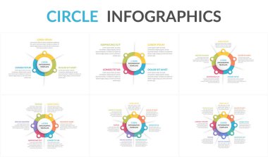 Çember diyagram şablonları - 3, 4, 5, 6, 7 ve 8 elementler, daire bilgisi, vektör eps10 illüstrasyonu