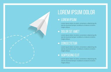 Flying paper airplane with dashed line, infographic template with place for your text, vector eps10 illustration