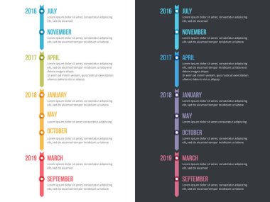 Okları, iş akışını, işlem şemasını, vektör eps10 illüstrasyonunu içeren dikey zaman çizgisi bilgi şablonu