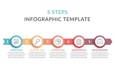 Simgeli ve metinli 5 daireli bilgi şablonu, işlem şeması, iş akışı, vektör eps10 illüstrasyonu