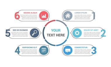 Çember diyagramı 6 öge, adım veya seçenek, işlem şeması, bilgi şablonu, vektör eps10 illüstrasyon