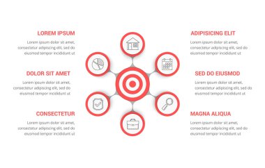 Metnin için altı unsurlu hedef, web, iş, sunumlar için bilgi şablonu, vektör eps10 illüstrasyonu