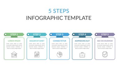 Metinleriniz ve simgeleriniz, iş akışınız, işlem çizelgeniz, adımlarınız ya da seçenekleriniz için beş unsurlu bilgi şablonu, vektör eps10 ilülasyonu