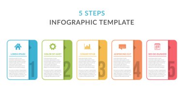 Metin, iş akışı, işlem şeması, adımlar veya seçenekler için beş bilgi simgesi ve yer, vektör eps10 illüstrasyonu