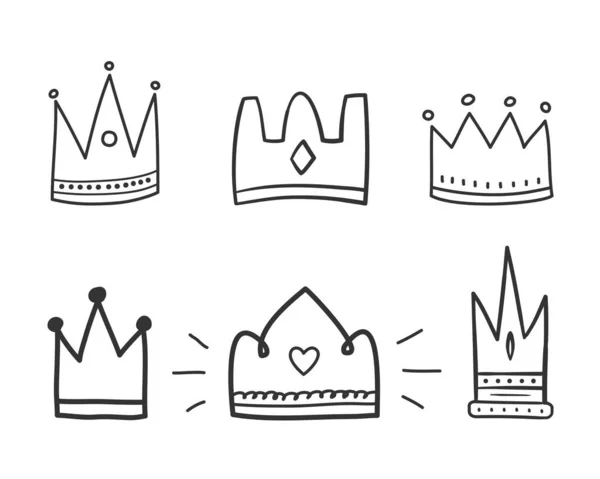 Coroas Doodle Desenhadas Mão Seis Coroas Rei Rainha Ilustração Vetorial — Vetor de Stock