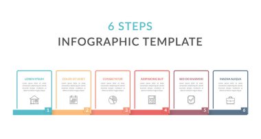 Metinleriniz ve simgeleriniz, iş akışınız, işlem çizelgeniz, adımlarınız veya seçenekleriniz için altı öge içeren bilgi şablonu, eps10 illüstrasyon vektörü