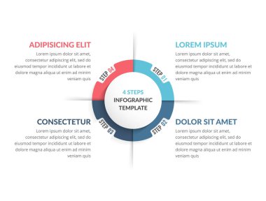 Dört adım veya seçenekli çember diyagramı şablonu, web, iş, sunumlar, vektör eps10 illüstrasyonu için bilgi şablonu