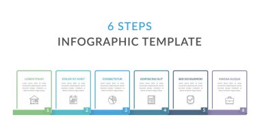 Metinleriniz ve simgeleriniz, iş akışınız, işlem çizelgeniz, adımlarınız veya seçenekleriniz için altı öge içeren bilgi şablonu, eps10 illüstrasyon vektörü