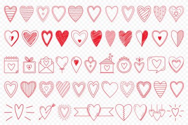 Sevgililer Günü tasarımı için el çizimi kırmızı karalama kalpler, düğün, doğum günü, tebrik kartları, davetiyeler, 10. vektör illüstrasyon
