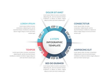 Altı adım veya seçenekli çember diyagramı şablonu, web, iş, sunumlar, vektör eps10 illüstrasyonu için bilgi şablonu