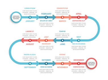 12 aylık zaman çizelgesi bilgi şablonu, iş akışı, süreç şeması, vektör eps10 illüstrasyon