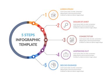 Beş adım veya seçenekli diyagram şablonu, iş akışı, süreç şeması, web, iş, sunumlar, vektör eps10 illüstrasyonu için bilgi şablonu