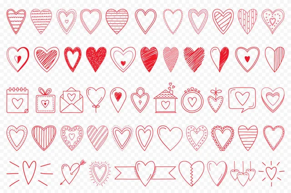 Handgetekende Rode Doodle Hartjes Voor Valentijnsdag Ontwerp Bruiloft Verjaardag Wenskaarten — Stockvector