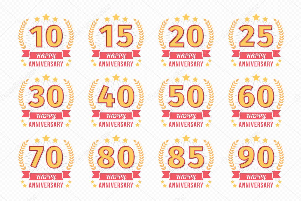 Set of 12 anniversary emblems with ribbon, 10 - 90 years, vector eps10 illustration