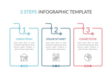 Metinleriniz ve simgeleriniz, iş akışınız, işlem çizelgeniz, adımlarınız veya seçenekleriniz için yer alan üç ögeye sahip bilgi şablonu, eps10 illüstrasyonu