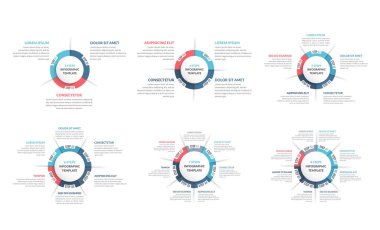Çember diyagram şablonları - 3, 4, 5, 6, 7 ve 8 elementler, daire bilgisi, vektör eps10 illüstrasyonu