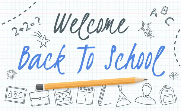 Welcome Back School Banner Paper School Icons Pencil Vector Eps10 — Stock Vector