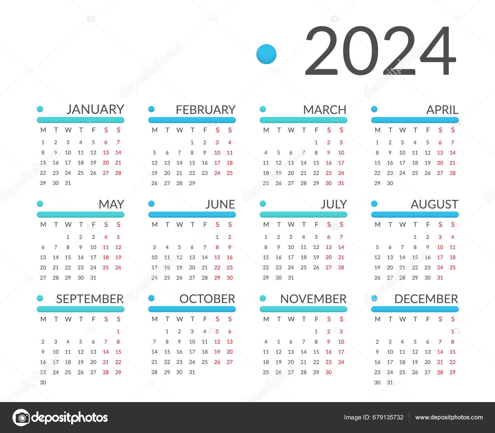 2024 Calendario Semana Comienza Lunes Vector Eps10 Ilustración Vector