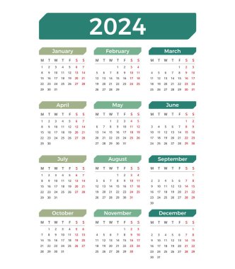 2024 Takvim, hafta pazartesi başlıyor, vektör eps10 illüstrasyon