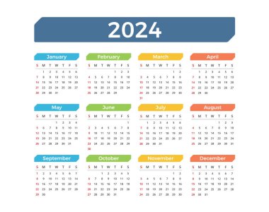 2024 Takvim, hafta pazar günü başlıyor, vektör eps10 illüstrasyon