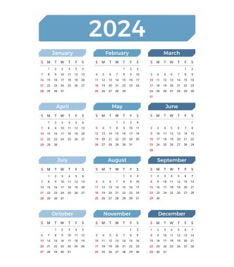 2024 Takvim, hafta pazar günü başlıyor, vektör eps10 illüstrasyon