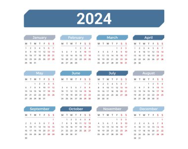 2024 Takvim, hafta pazartesi başlıyor, vektör eps10 illüstrasyon