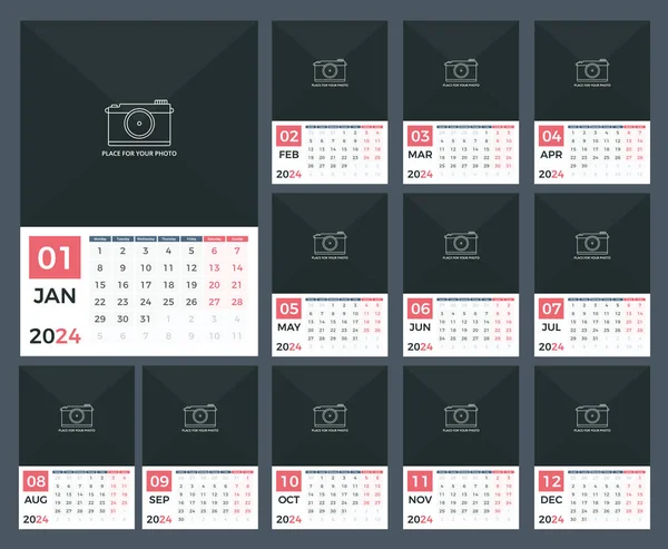 2024 Шаблон Календаря Планировщик Страниц Неделя Начинается Понедельник Векторная Иллюстрация — стоковый вектор