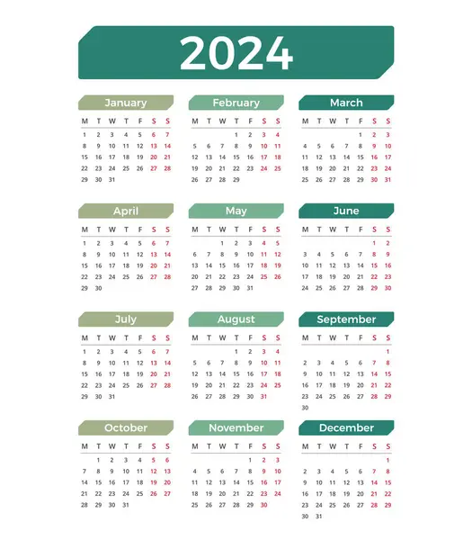 2024 Calendario Semana Comienza Lunes Vector Eps10 Ilustración Vectores De Stock Sin Royalties Gratis