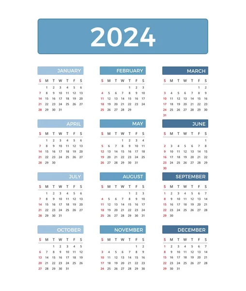2024 Calendario Semana Comienza Domingo Vector Eps10 Ilustración Vectores De Stock Sin Royalties Gratis