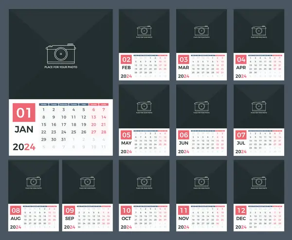 2024 Šablona Kalendáře Plánovač Stránek Týden Začíná Pondělí Vektorové Eps10 Vektorová Grafika