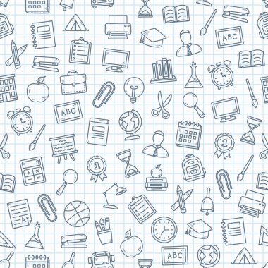 Kağıt arkaplanda okul simgeleri olan kare pürüzsüz desen, vektör eps10 illüstrasyon