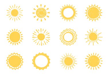 Beyaz arkaplanda 12 El çizilmiş güneşler, vektör eps10 illüstrasyon