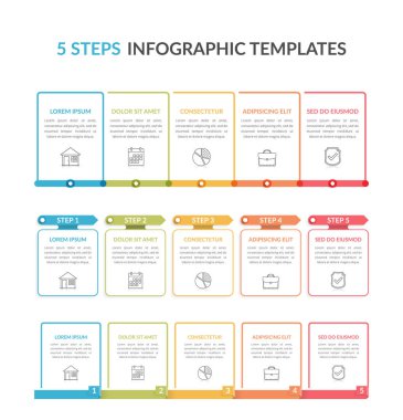 Beş adımlı üç bilgi şablonu, işlem şemaları, iş akışı, vektör eps10 illüstrasyonu