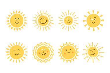Beyaz arka planda sevimli el çizimi gülümseyen güneşler, vektör eps10 illüstrasyon